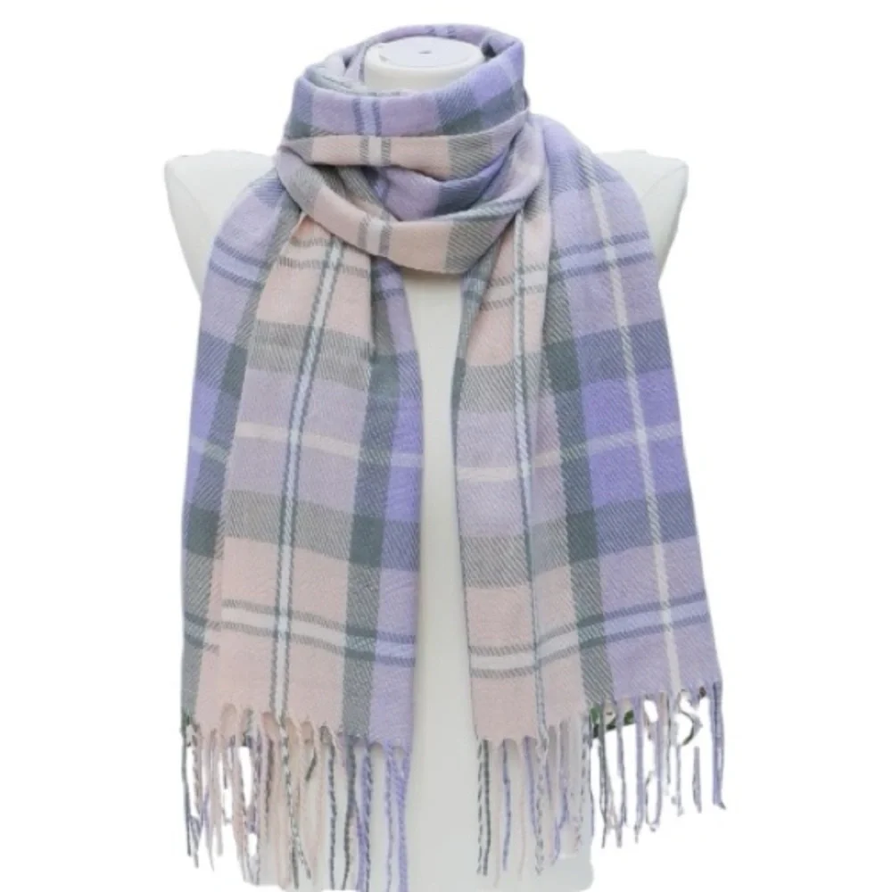 Winter Knit, Long Purple Plaid Scarf With Fringe New